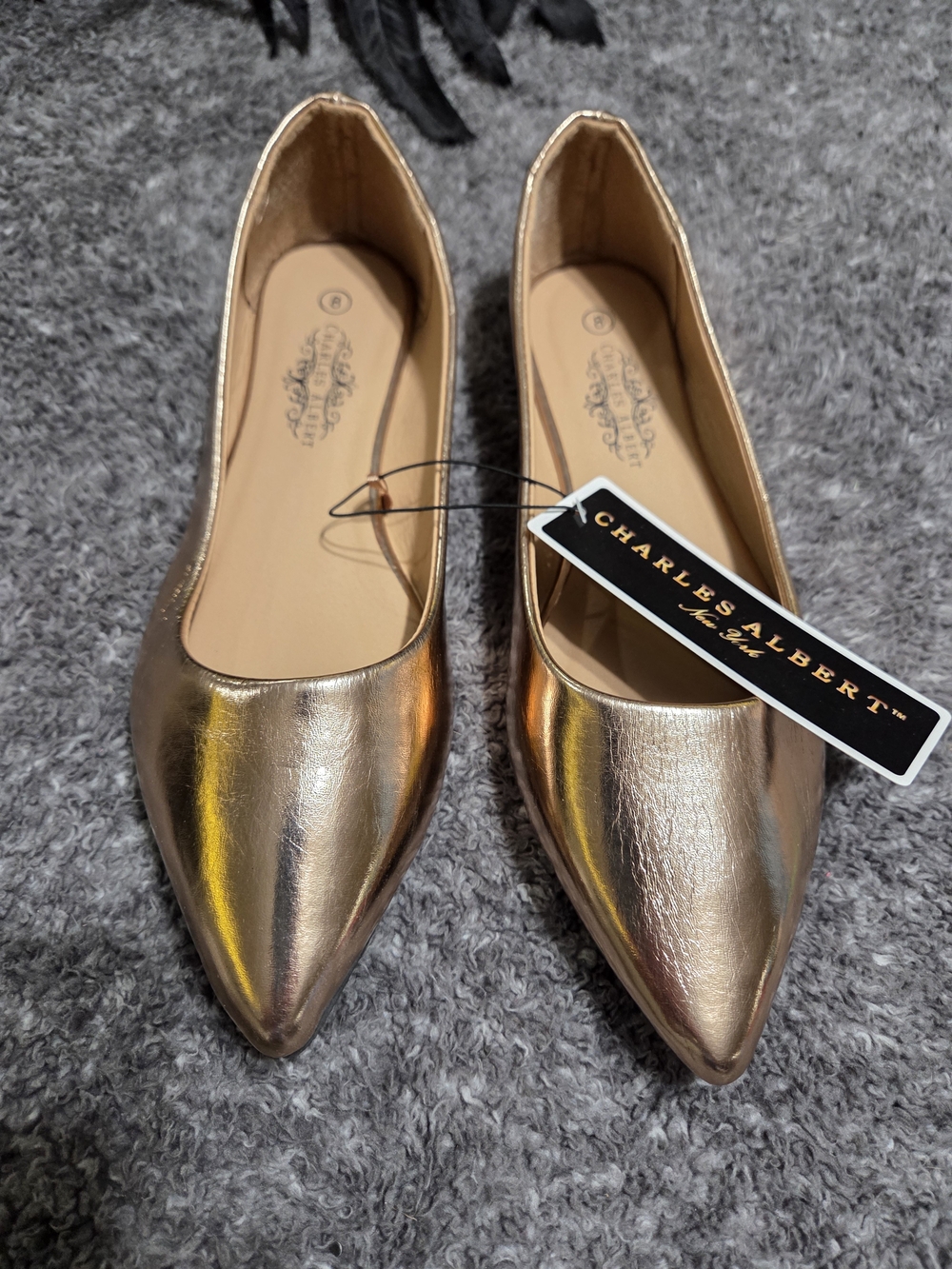Charles Albert Metallic Gold Pointed Toe Flats - Sleek Slip-On Style